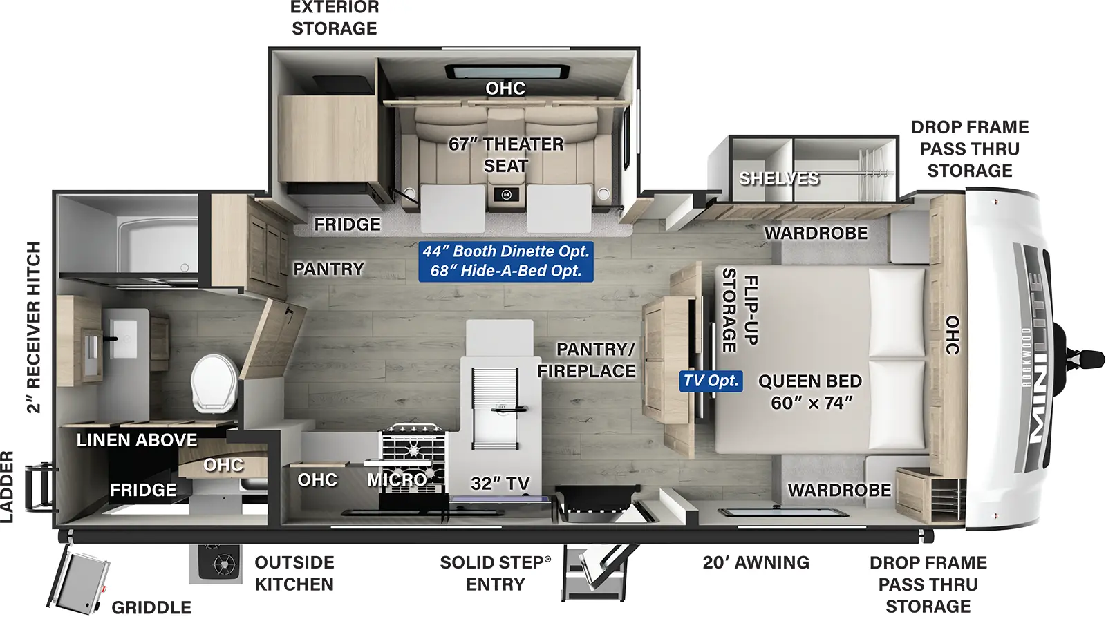 The Rockwood Mini Lite 2513S has one entry and two slide outs. Exterior features include: fiberglass exterior, 20' awning and outside kitchen. Interiors features include: front bedroom.